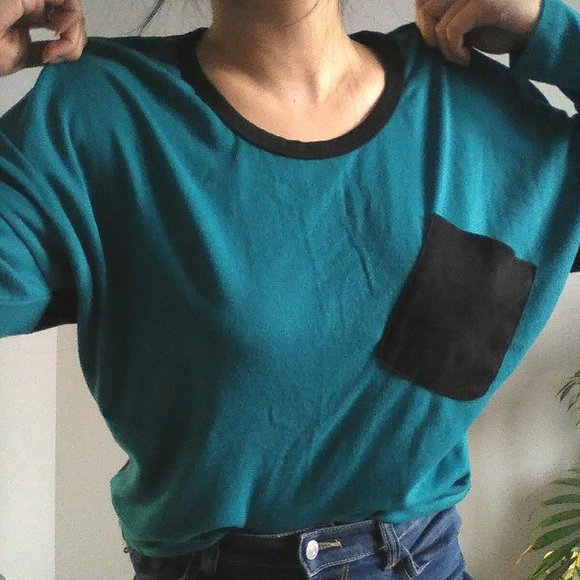 Korean Teal colorblock Drop Shoulder Batwing oversize Top - Picture 1 of 4